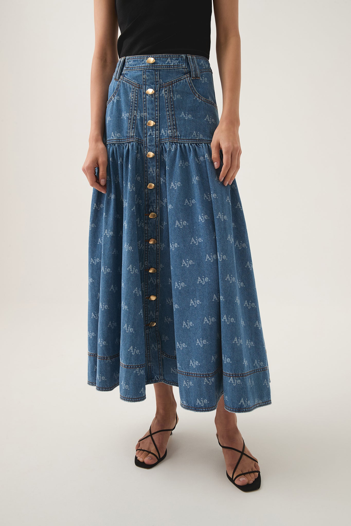 Ratio Logo Denim Midi Skirt